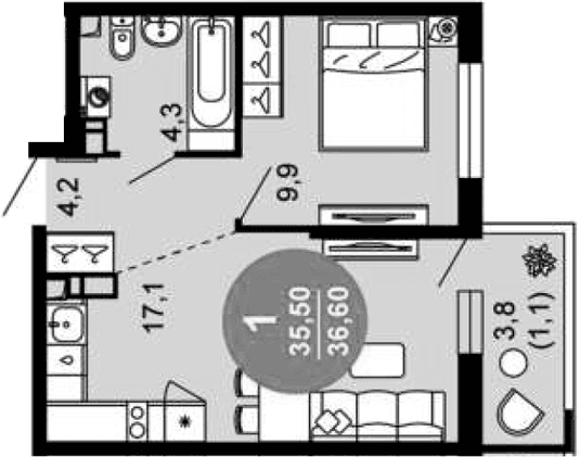 Продается 2-комн. квартира, 35.5 м²