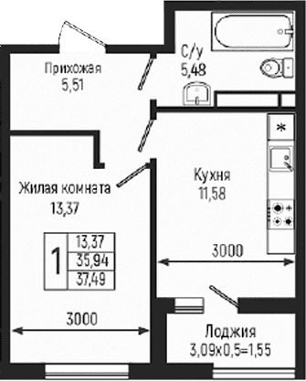 Продается 1-комн. квартира, 35.94 м²