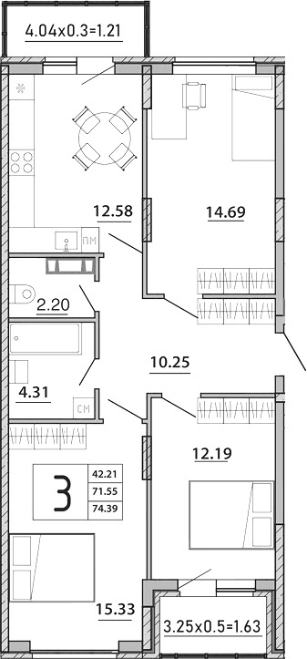 Продается 3-комн. квартира, 71.55 м²
