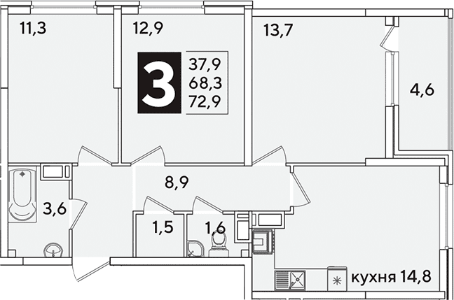 Продается 4-комн. квартира, 68.3 м²