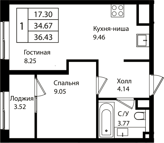 Продается 2-комн. квартира, 34.44 м²