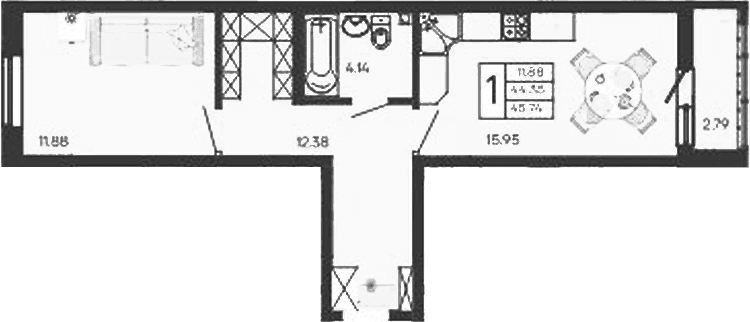 Продается 1-комн. квартира, 44.34 м²