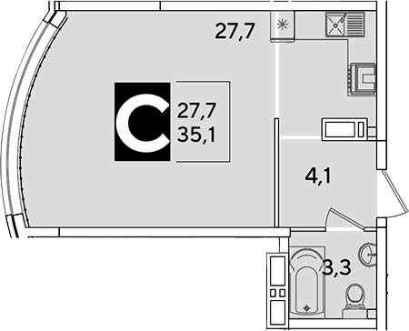 Продается 1-комн. квартира, 35.1 м²