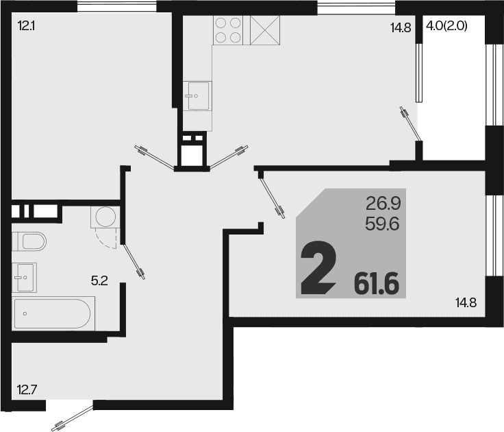 Продается 2-комн. квартира, 59.6 м²