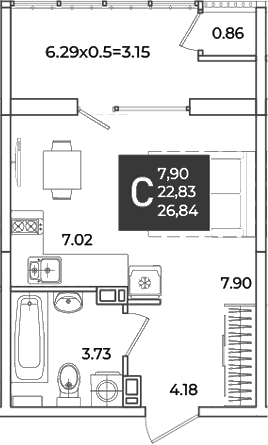 Продается 1-комн. квартира, 22.83 м²