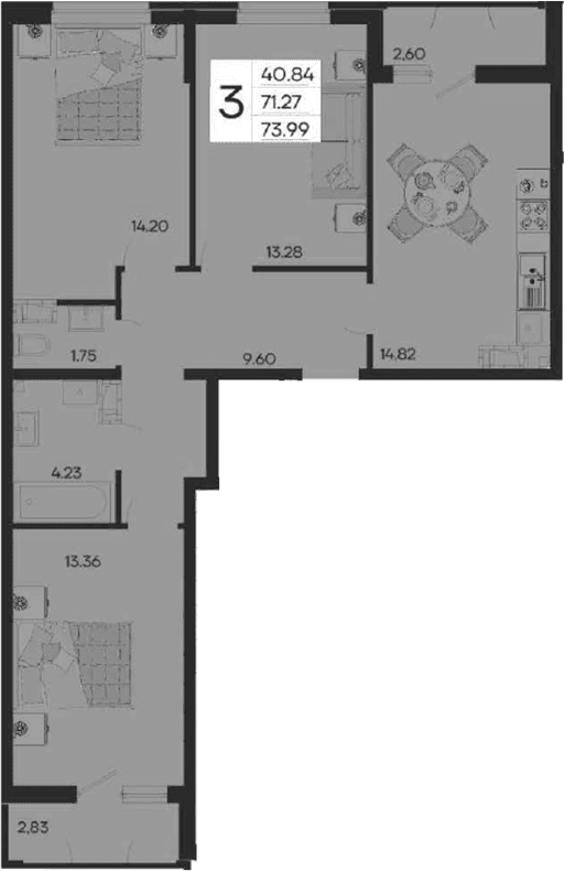 Продается 3-комн. квартира, 71.27 м²