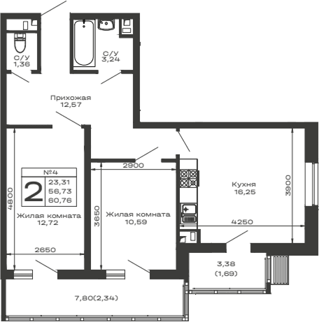 Продается 2-комн. квартира, 56.73 м²