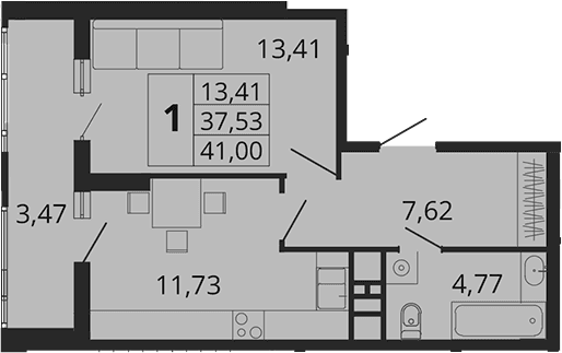 Продается 1-комн. квартира, 38.59 м²