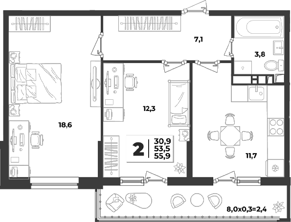 Продается 2-комн. квартира, 53.5 м²