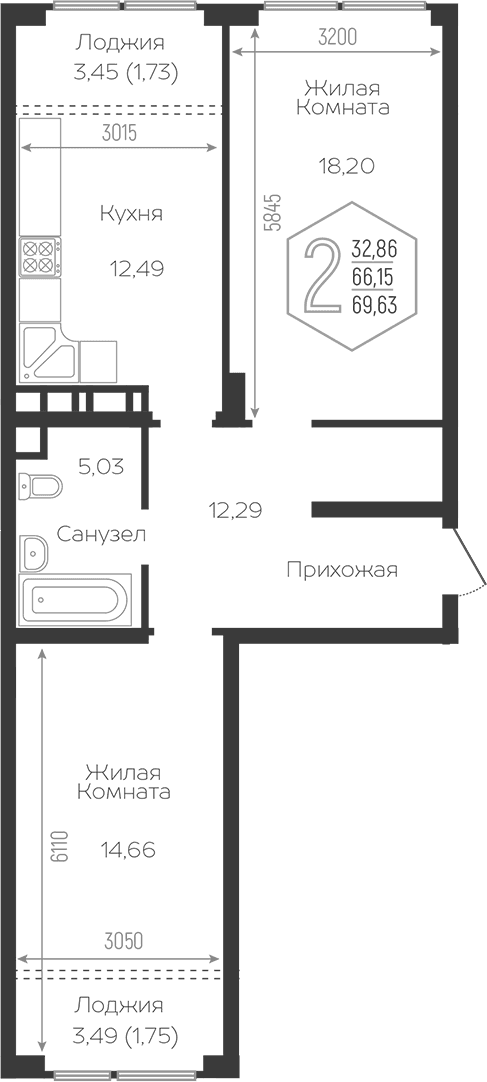 Продается 2-комн. квартира, 64.02 м²