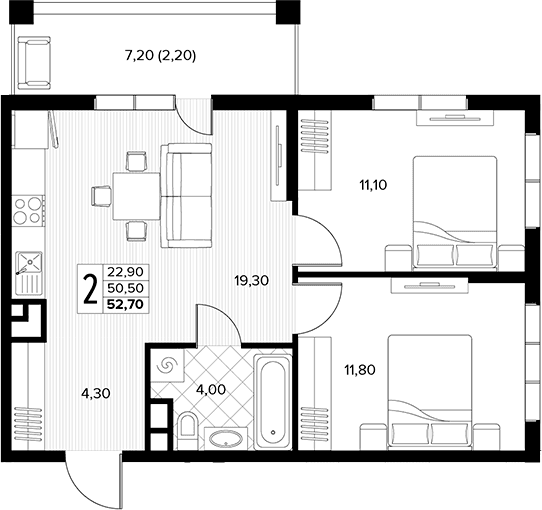 Продается 2-комн. квартира, 50.5 м²