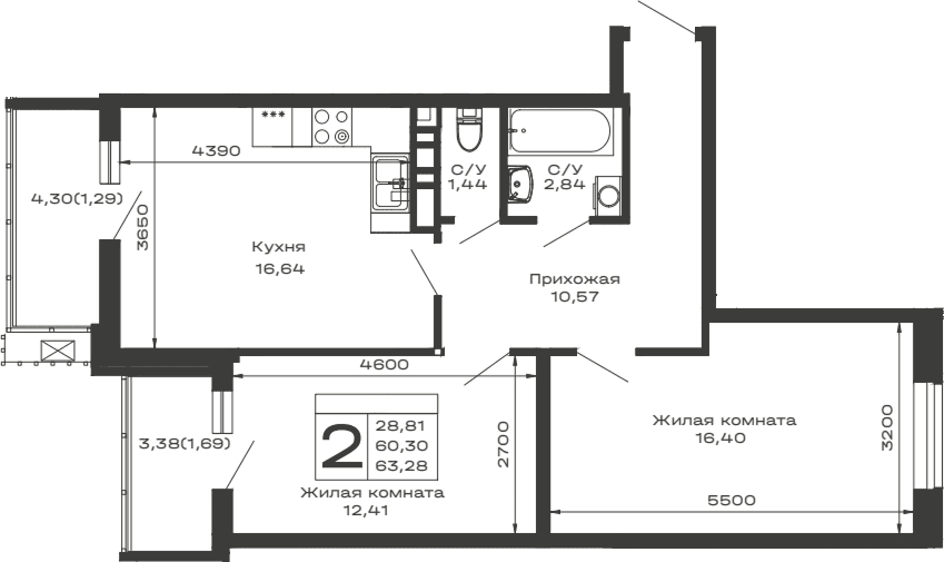Продается 2-комн. квартира, 60.3 м²