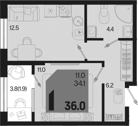 Продается 1-комн. квартира, 34.1 м²