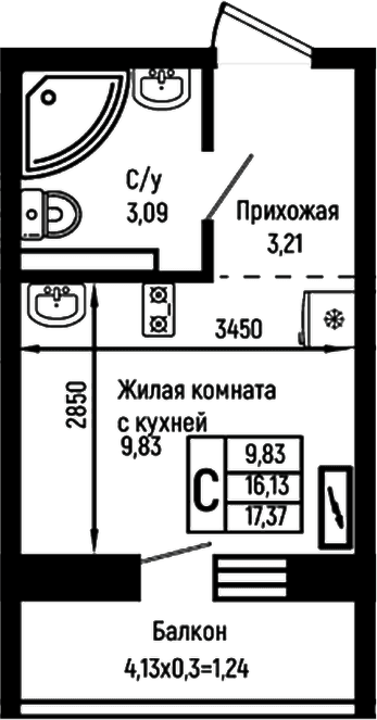 Продается 1-комн. квартира, 16.13 м²