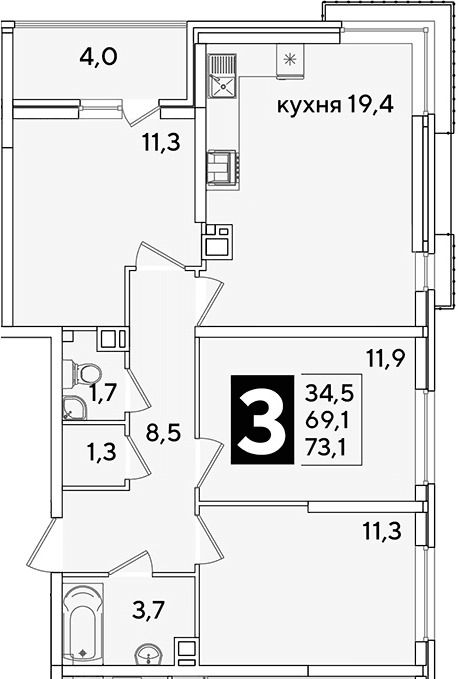 Продается 4-комн. квартира, 69.1 м²