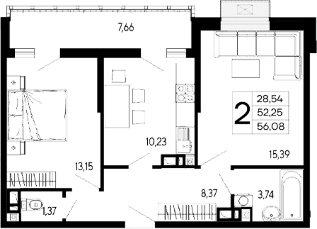 Продается 2-комн. квартира, 52.25 м²