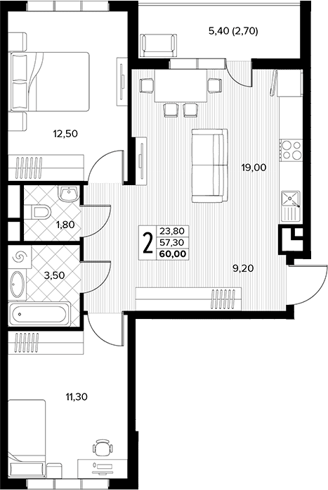 Продается 2-комн. квартира, 57.3 м²