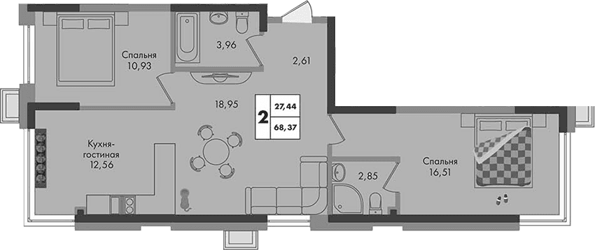 Продается 2-комн. квартира, 68.37 м²