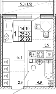 Продается 1-комн. квартира, 25.4 м²