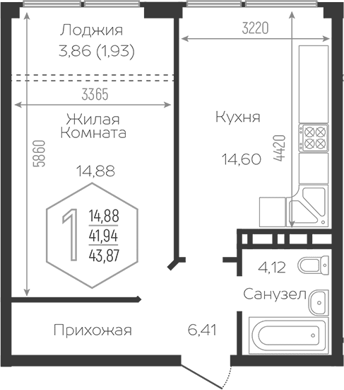 Продается 1-комн. квартира, 41.07 м²