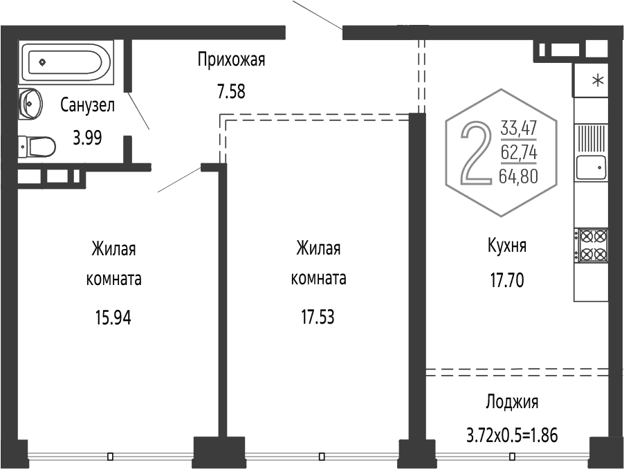 Продается 3-комн. квартира, 62.74 м²