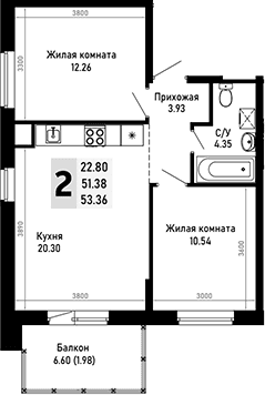 Продается 2-комн. квартира, 51.38 м²