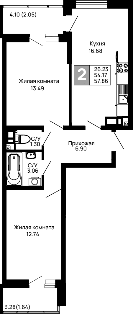 Продается 2-комн. квартира, 54.17 м²
