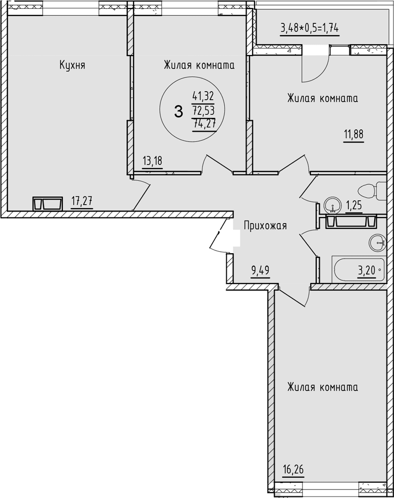 Продается 3-комн. квартира, 77.06 м²