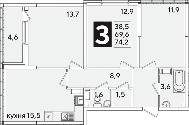 Продается 4-комн. квартира, 69.6 м²
