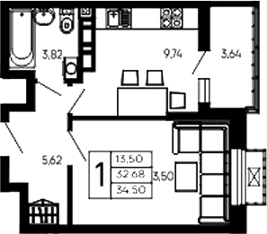 Продается 1-комн. квартира, 32.68 м²