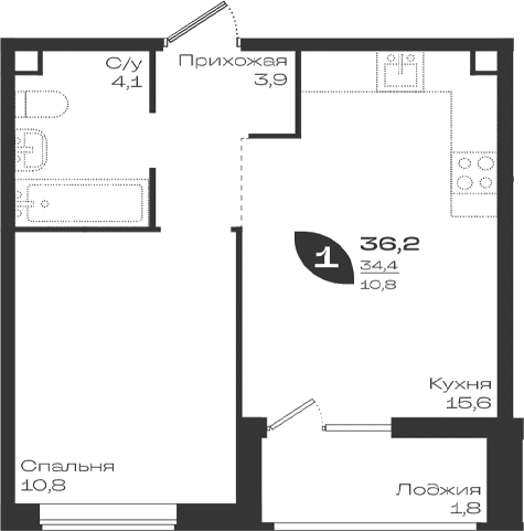 Продается 1-комн. квартира, 34.4 м²