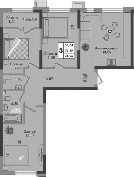 Продается 3-комн. квартира, 73.15 м²