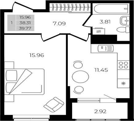 Продается 1-комн. квартира, 38.31 м²