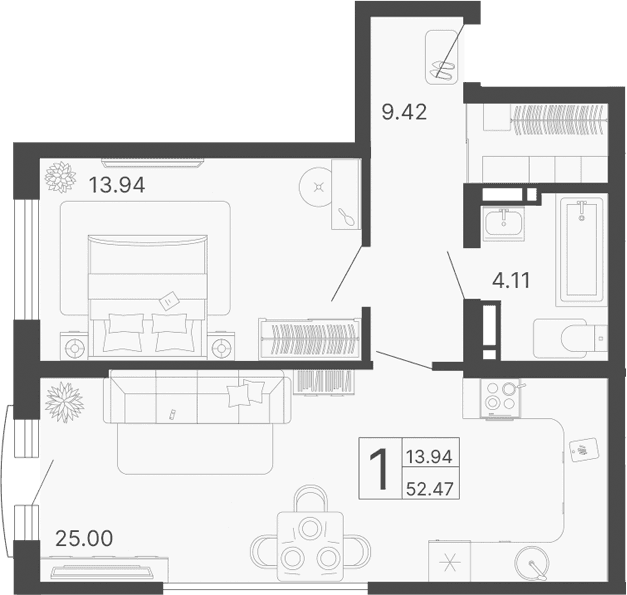 Продается 1-комн. квартира, 52.47 м²