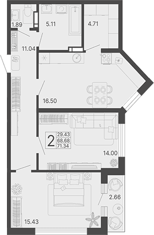 Продается 2-комн. квартира, 68.68 м²