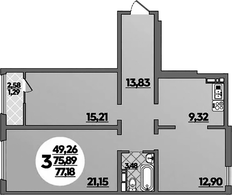 Продается 2-комн. квартира, 75.87 м²