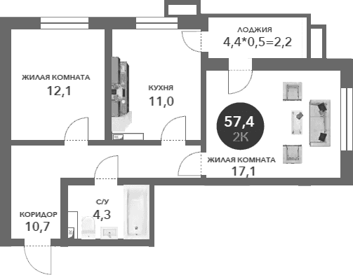 Продается 2-комн. квартира, 55.2 м²