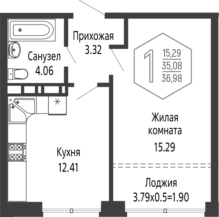 Продается 1-комн. квартира, 35.08 м²