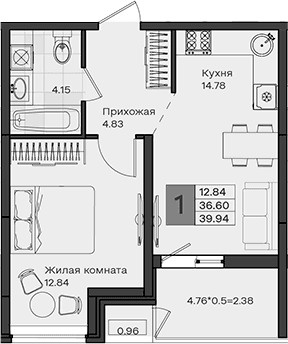 Продается 1-комн. квартира, 36.6 м²