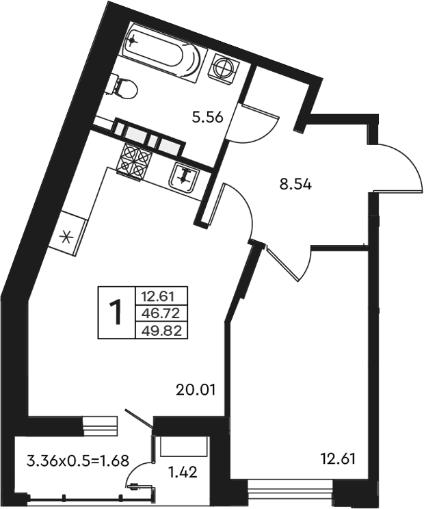 Продается 1-комн. квартира, 46.72 м²