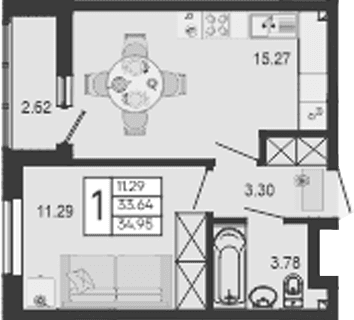 Продается 1-комн. квартира, 33.64 м²