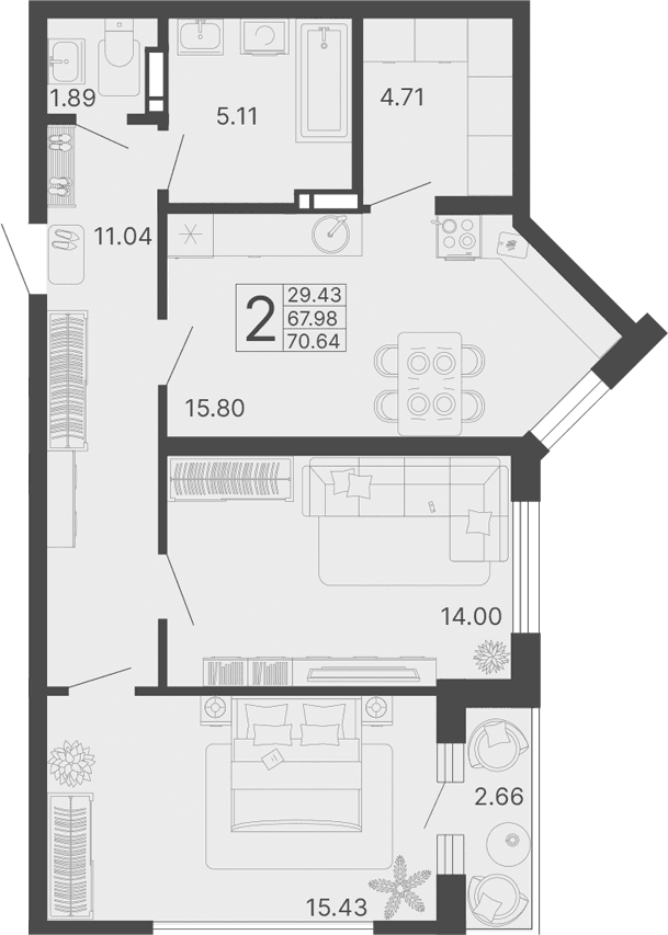 Продается 2-комн. квартира, 67.98 м²
