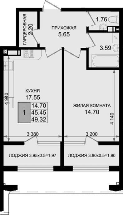 Продается 1-комн. квартира, 45.45 м²