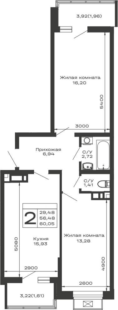 Продается 2-комн. квартира, 56.48 м²