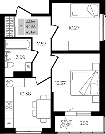 Продается 2-комн. квартира, 44.58 м²
