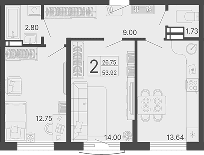 Продается 2-комн. квартира, 53.92 м²