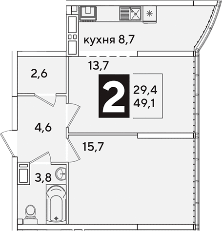 Продается 2-комн. квартира, 49.1 м²