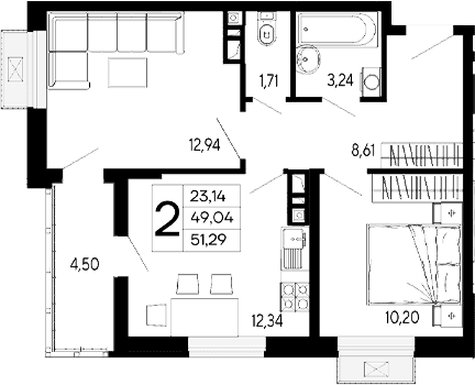 Продается 2-комн. квартира, 49.04 м²
