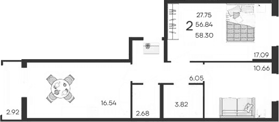 Продается 2-комн. квартира, 56.84 м²
