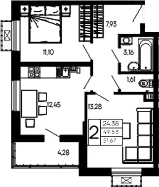 Продается 2-комн. квартира, 49.53 м²